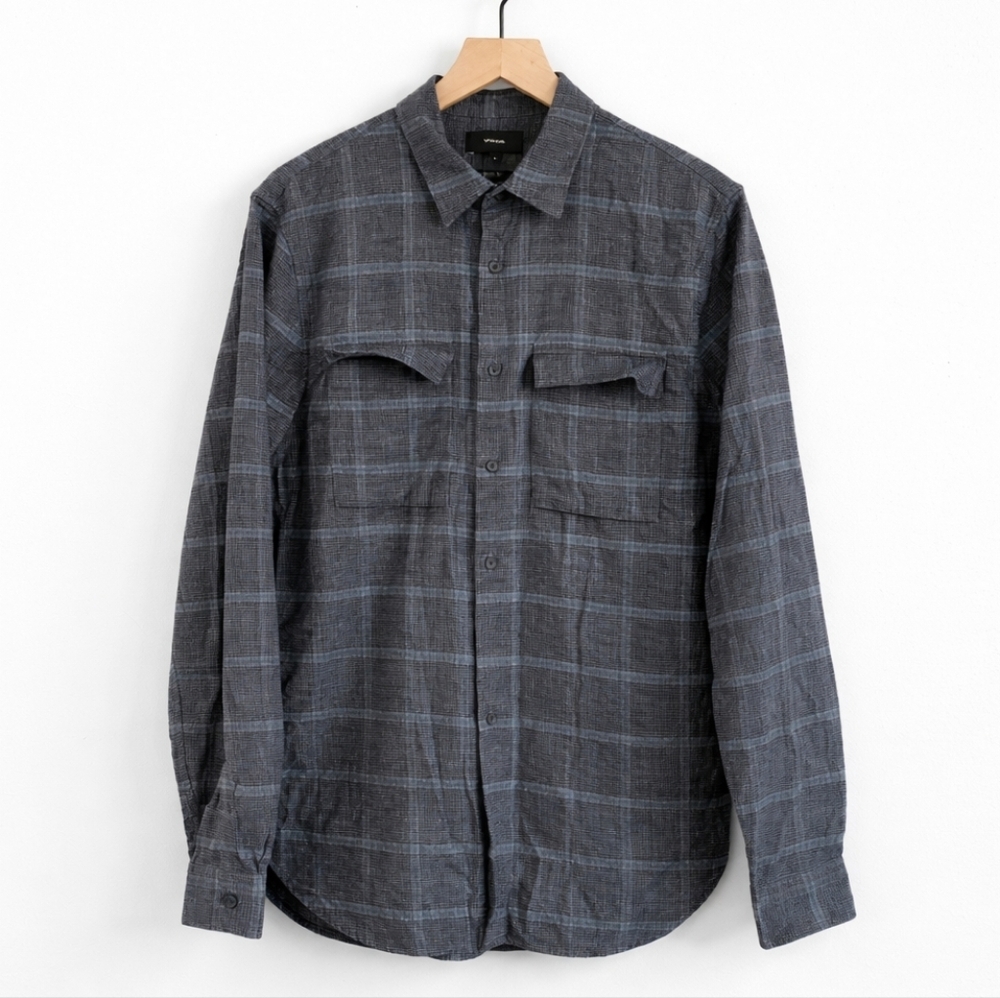 Vince Gray Blue Plaid Button Down Shirt‎ Mens Medium 100% Cotton Flannel
